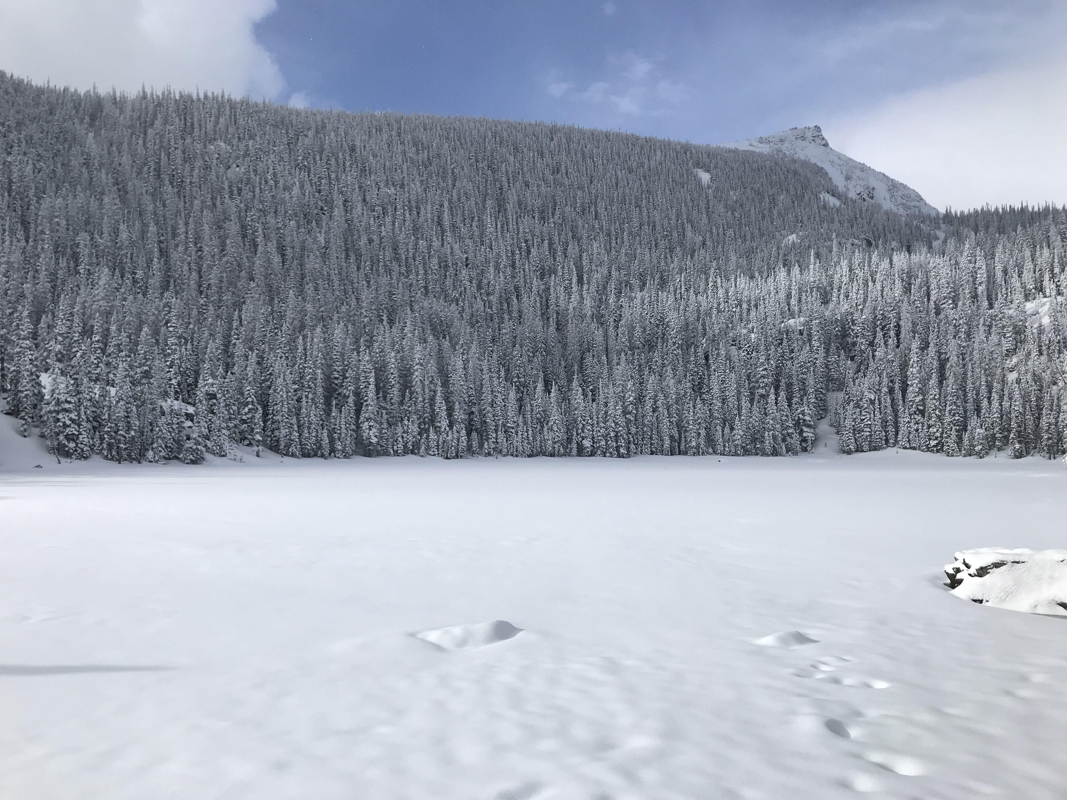 Fern Lake covered in snow in Estes Park